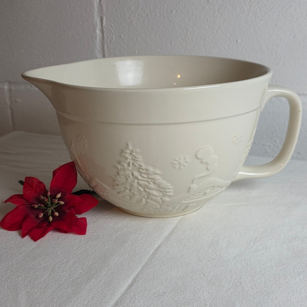 The Bake Shop Cream Embossed Winter Scene Stoneware‎ Mixing Bowl Spout Handle